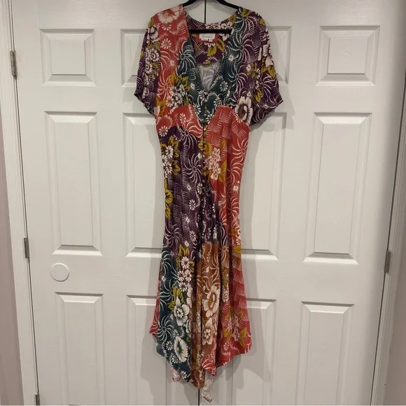 NWOT By Anthropologie Short-Sleeve V-Neck Button-Front Multicolor Midi Dress 14 - Picture 6 of 15
